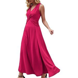 Women Magenta Sleeveless V Neck Formal A-line Midi Cocktail Dress With Flutter